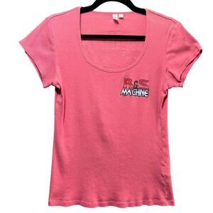 Vintage Y2K Baby Tee Pink Ribbed Cotton T-Shirt Large Automotive‎ Graphic Racing